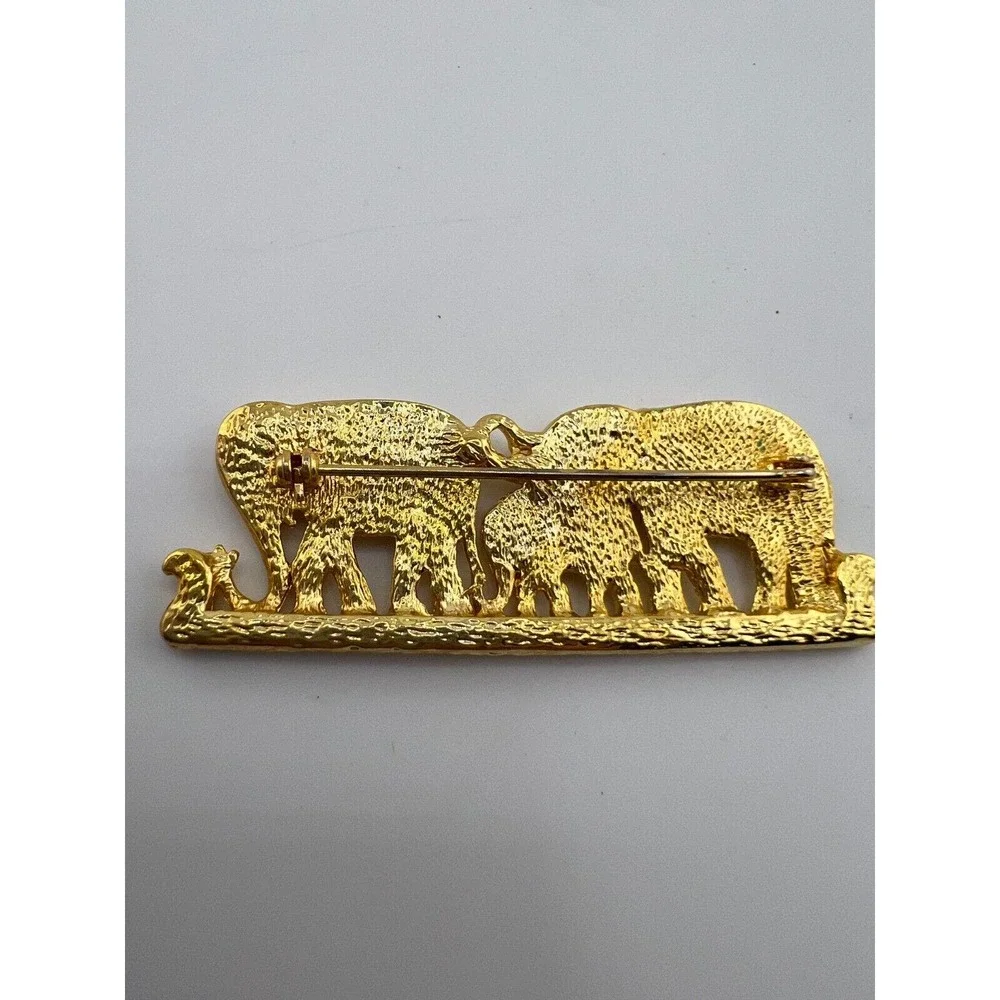 Vintage Gold Tone Three Elephants Walking Brooch Pin Estate 90s Bold Big Classic